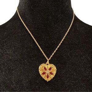 Avon Pendant Necklace Heart Shaped Red Rhinestone Gold Tone Chain